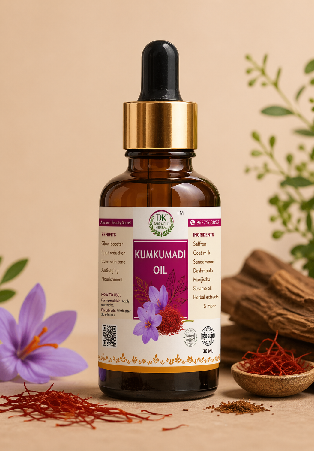 Kumkumadi Oil 30ml | Ayurvedic Facial Oil for Glowing Skin | Reduces Pigmentation, Dark Spots & Dullness | For Men & Women