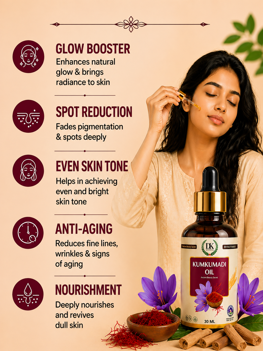 Kumkumadi Oil 30ml | Ayurvedic Facial Oil for Glowing Skin | Reduces Pigmentation, Dark Spots & Dullness | For Men & Women