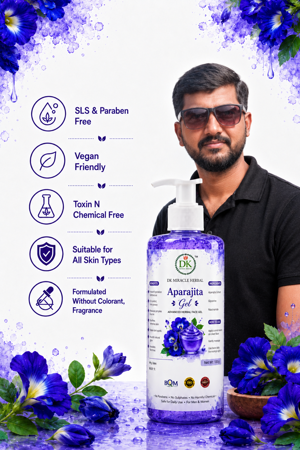 Aparajita Face Gel for Glowing Skin | Natural Herbal Skin Care with Butterfly Pea Extract | Lightweight Hydrating Moisturizer for Face & Body | Non-Sticky Daily Use Gel
