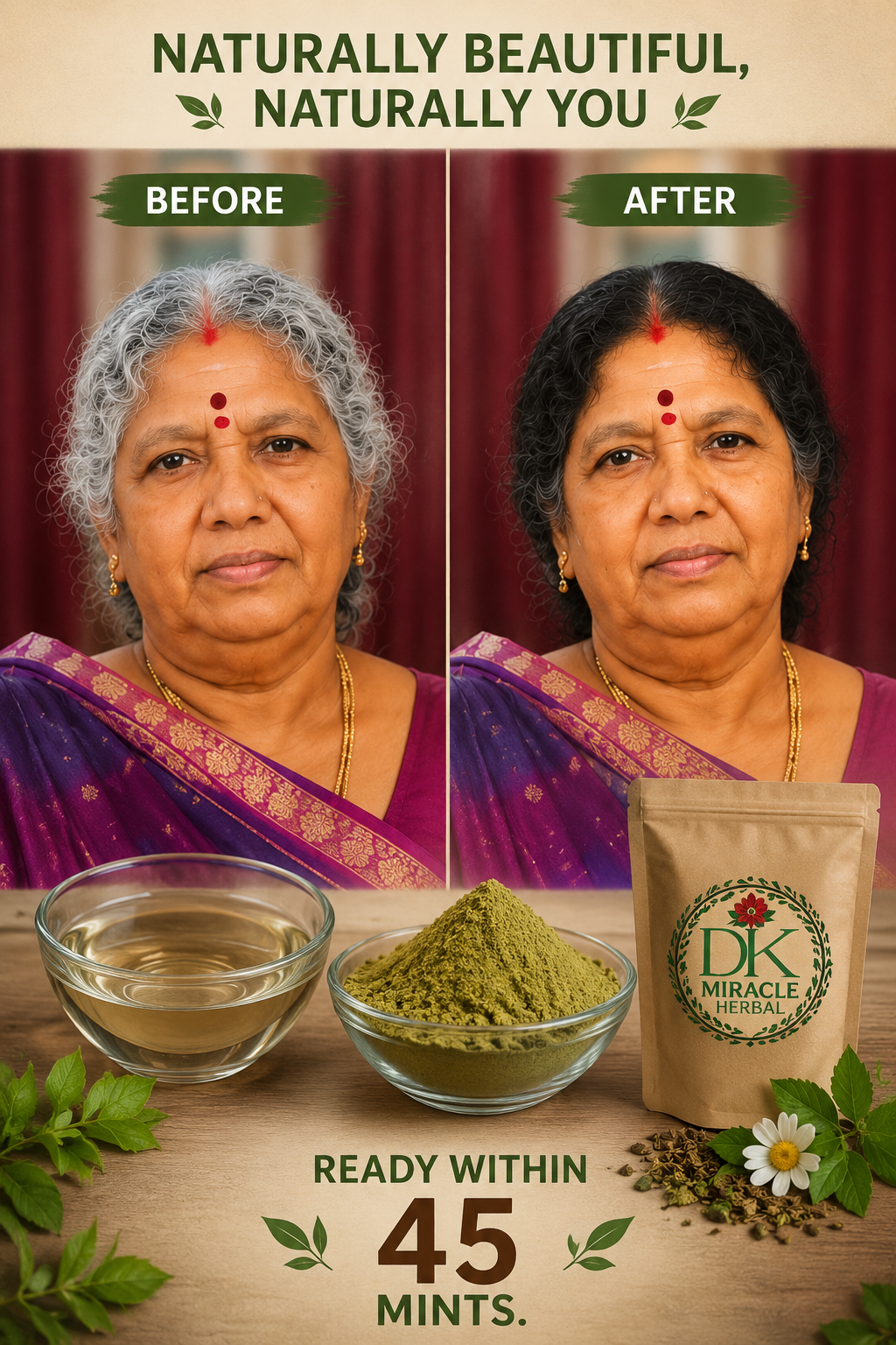 Natural Black Herbal Hair Color,  For Men & Women - Natural Plant Ingredients - Ammonia Free, Bleach Free, Sulphate Free