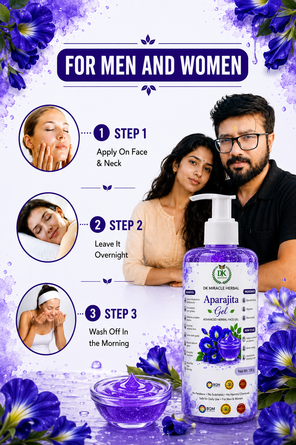 Aparajita Face Gel for Glowing Skin | Natural Herbal Skin Care with Butterfly Pea Extract | Lightweight Hydrating Moisturizer for Face & Body | Non-Sticky Daily Use Gel