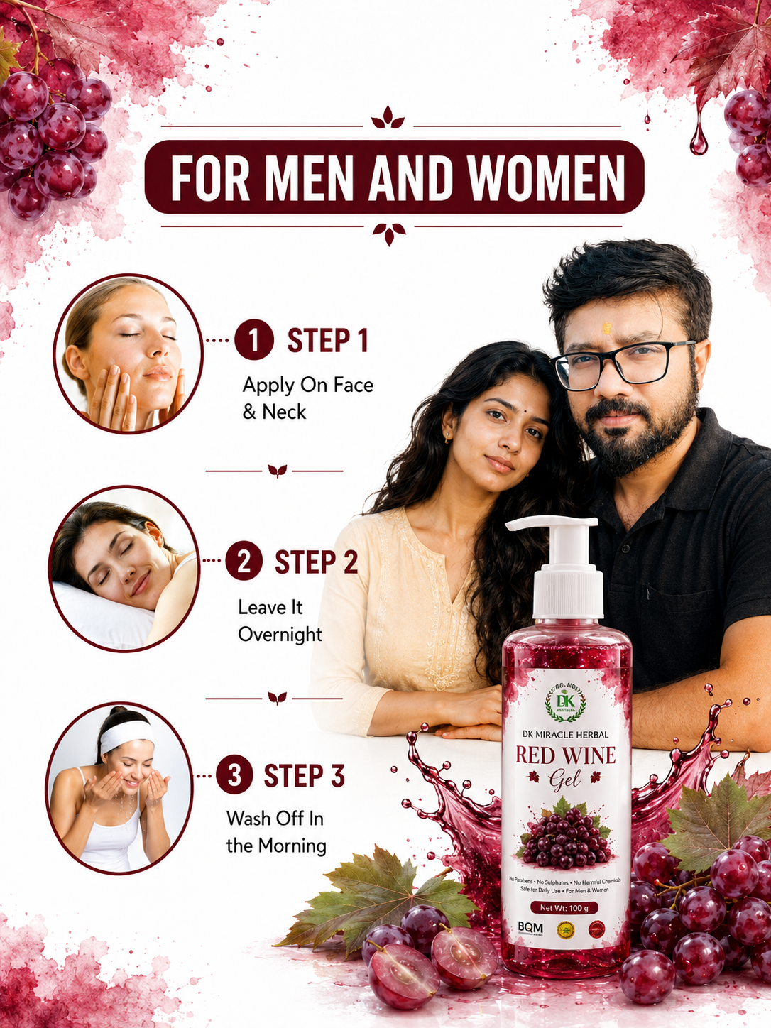 Red Wine Gel Grape Extract - day & Night Gel for Glowing Skin & Skin Repair, Anti Aging - Women & Men - 100gm