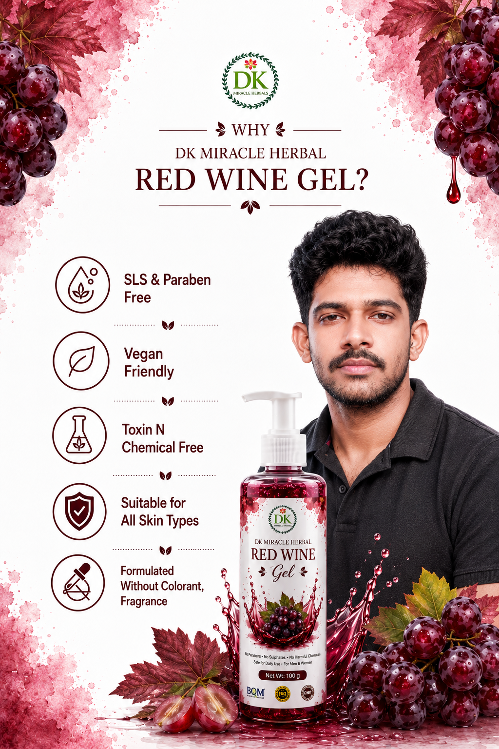 Red Wine Gel Grape Extract - day & Night Gel for Glowing Skin & Skin Repair, Anti Aging - Women & Men - 100gm